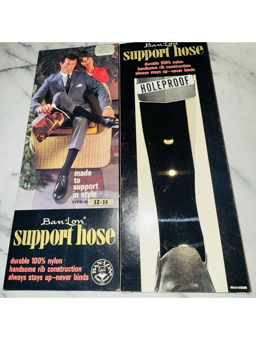Men’s Support Hose Dress Socks 2 pair vintage Black Size 12 13 14 Hole proof